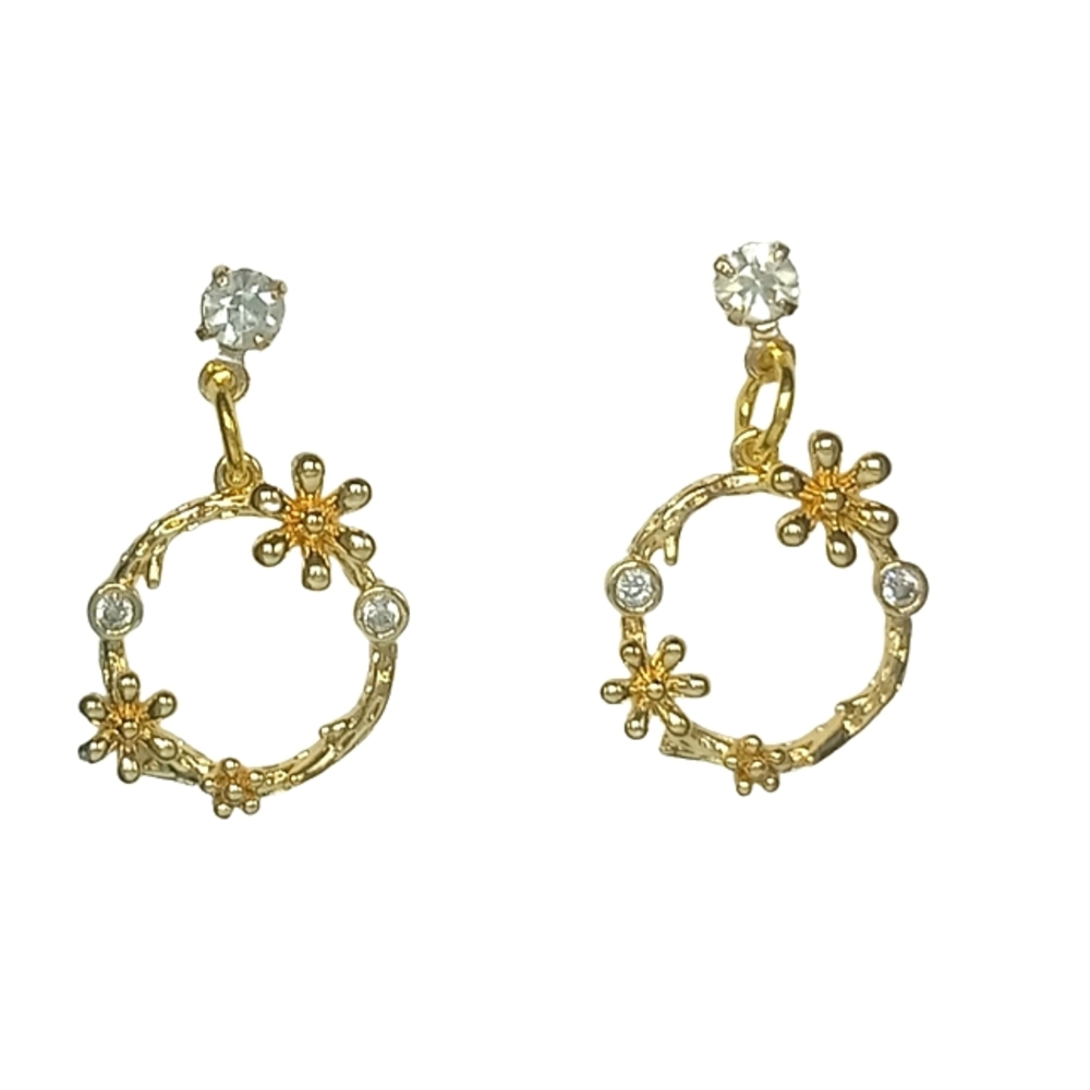 Gold & Cubic Zirconia Floral Circular Drop Wreath Earrings